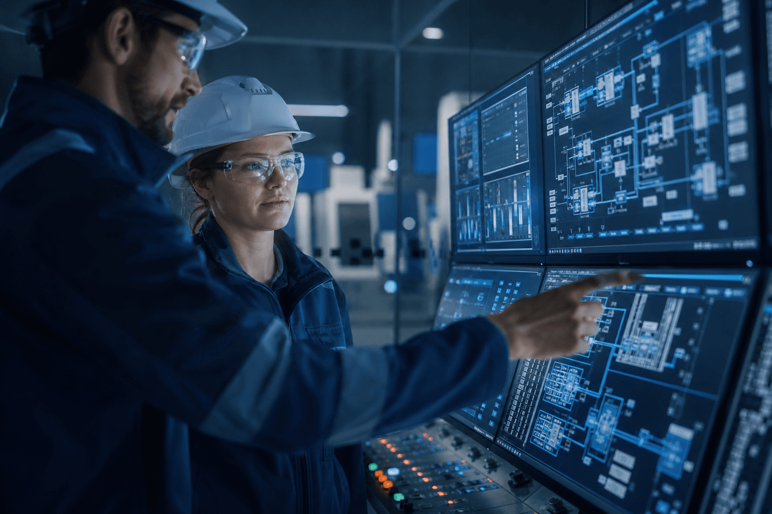 Инженери при контролен панел за автоматизация, преглеждащи SCADA системи